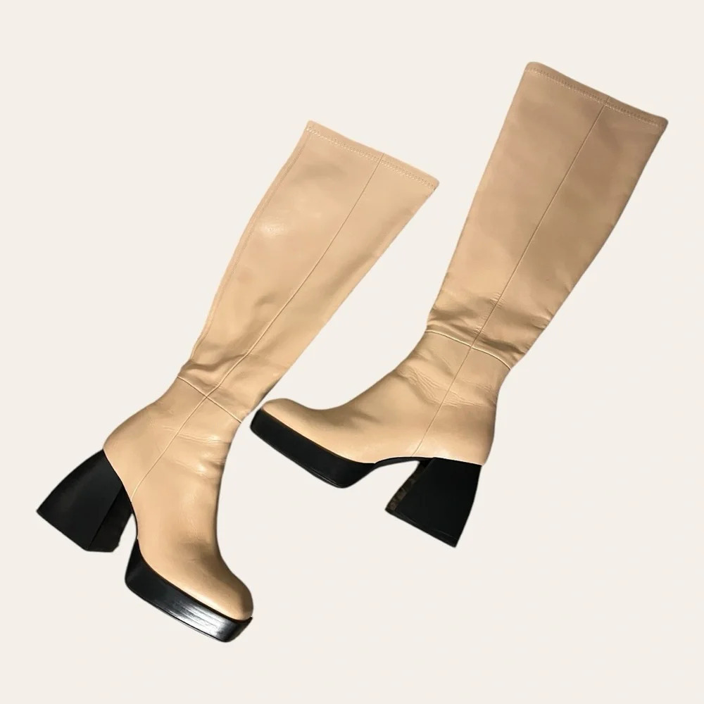 Jeffrey Campbell Dauphin Over The Knee Tan Boots Square Toe Platform Heel 8.5 - Picture 10 of 13